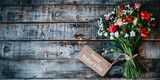 Rustic bouquet of white and red flowers on wooden planks background with copy space, Happy Mother's Day written on a paper label tag