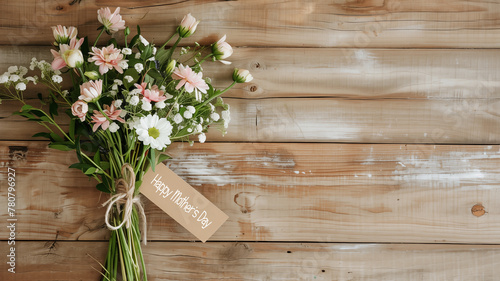 Rustic bunch of white and pink flowers on wood planks background with copy space, Happy Mother's Day written on a paper label tag