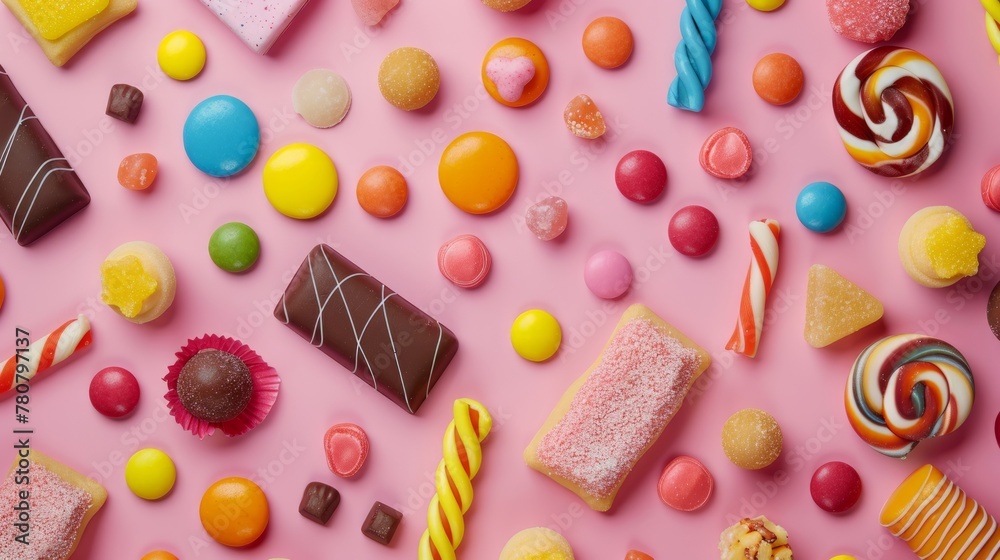 The concept of National Candy Day, top view. Copy space area for text. Background, banner, template. The concept of National Candy Day, top view. Copy space area for text. Background, banner, template.