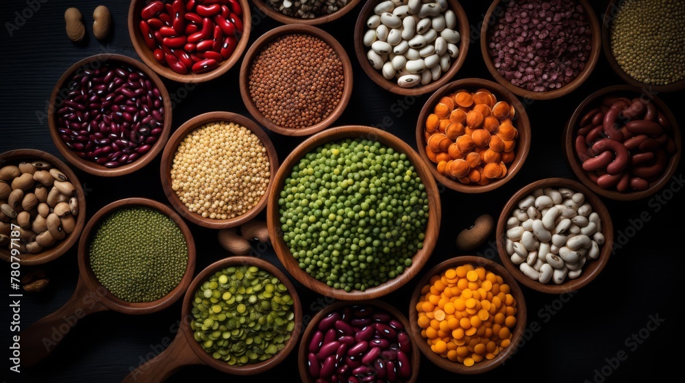 Legumes, a set consisting of different types of beans, lentils and peas, rice and buckwheat on a black background, top view. The concept of healthy and nutritious food