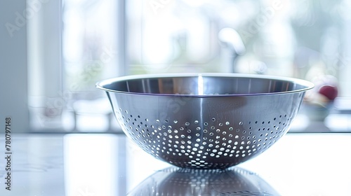 Closeup of a pristine colander on a clean white table, epitomizing kitchen cleanliness and culinary sophistication. Perfect for cooking enthusiasts and home chefs.