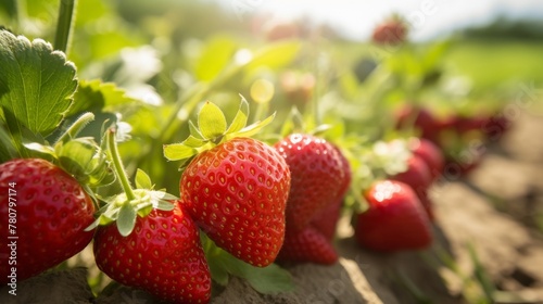 Strawberries growing in a sunny field with flowers