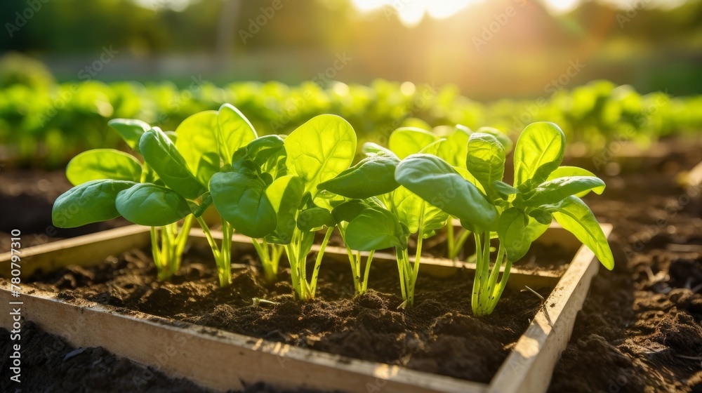 Raised bed garden scene with a focus on the flourishing spinach seedlings Raised bed garden scene with a focus on the flourishing spinach seedlings