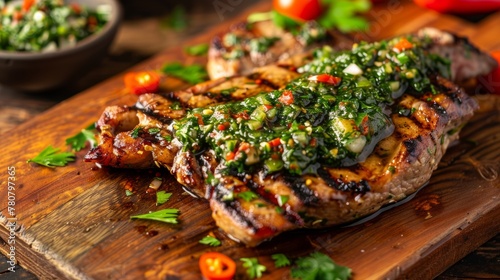 Meat with Latin American chimichurri sauce