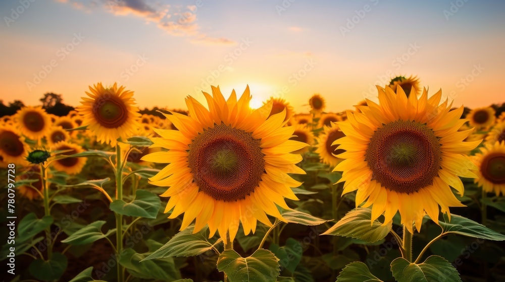 Field of upright sunflowers under the sun
