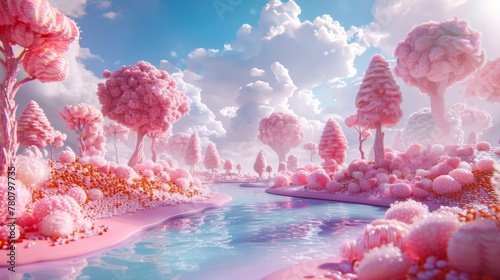 Sweet and magical 3D candy land, where forests are made of delightful sweets and candies, creating a dreamy world