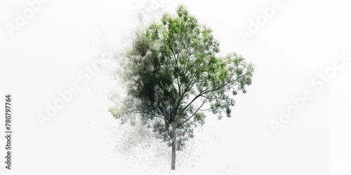 Tree stands in full leaf, its majestic branches spreading wide against a clear background,