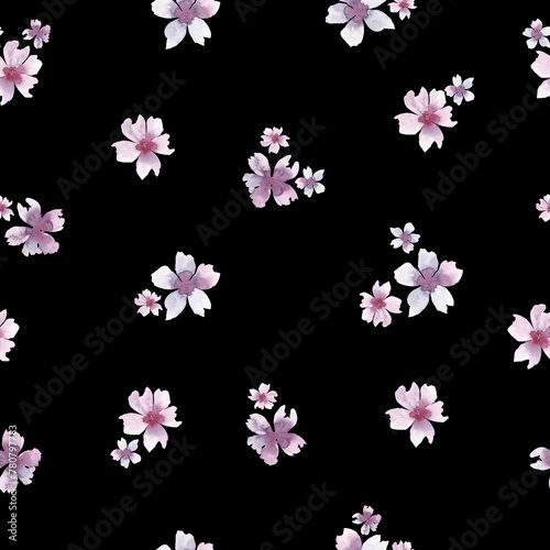 Pink lilac watercolor flowers on a black background, seamless pattern, hand-drawn. Floral background. Blooming cherry blossoms. Template for design, decoration, fabric, wrapping paper, wallpaper.