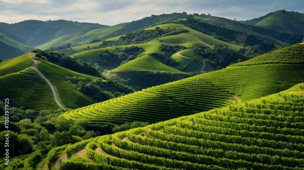 Rolling hillside adorned with rows of grapevines