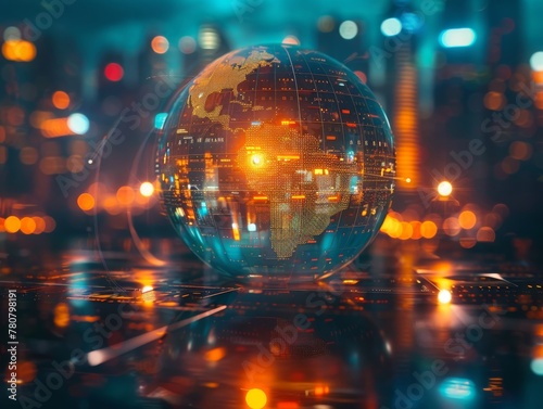 Cityscape cradling a glowing tech globe, reflecting the omnipresence of technology in the fabric of modern cities