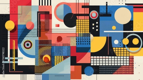 Colorful array of geometric forms set in a modern minimal vector composition  reflecting the essence of abstract art