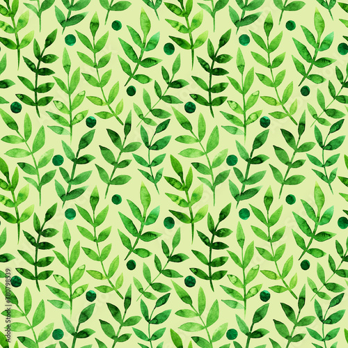 Seamless pattern with stylized leaves. Floral endless pattern filled with green leaves. Fresh greenery background, wallpaper, textile print.Watercolor hand drawn illustration 