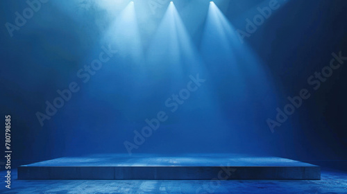 Empty stage or scene with spotlights and blue smoke effect as wallpaper background illustration	 photo