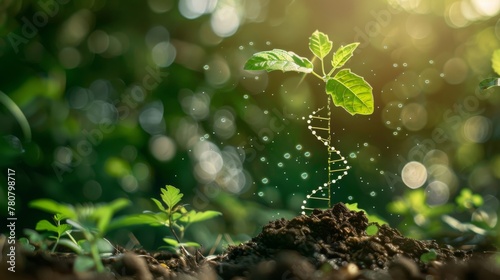 Green plant sprouting from soil, set against a verdant nature backdrop, embodying the renewable eco-energy concept with DNA graphics intertwining