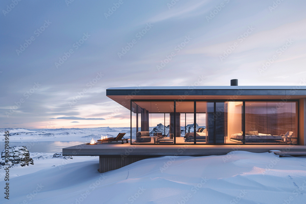 Fototapeta premium Modern eco lodge, eco hotel, retreat or modern house with panoramic glass windows in minimalistic style with flat roof in winter, snowy landscape . Silent atmosphere.AI generated