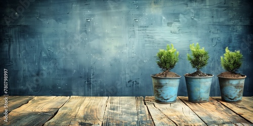Three vibrant green plants in rustic blue pots contrast against the weathered wood planks and distressed blue background, offering a blend of nature and vintage texture with space for text