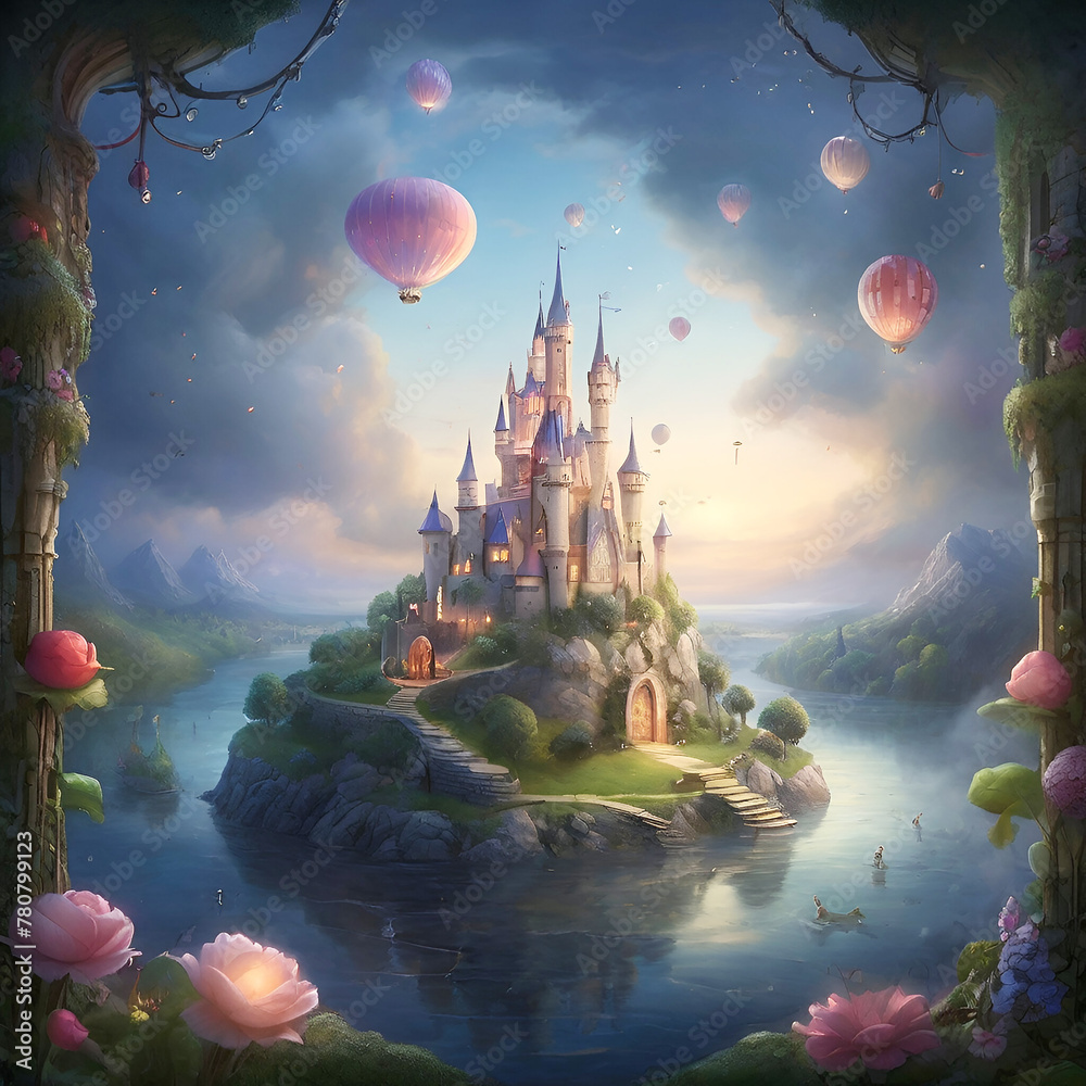 Watercolor landscape painting of fairy tale castle on hill. Stock ...