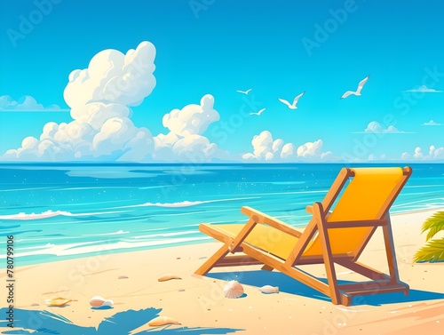 Peaceful Beach Chair Overlooking Serene Oceanscape with Azure Skies and Fluffy Clouds