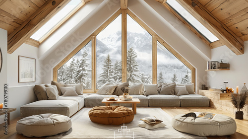 Luxurious Scandinavian living room with a vaulted wooden ceiling, large skylights, a cozy window seat, and stylish throw pillows.