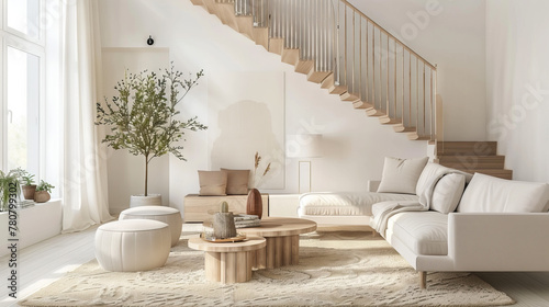 Luxurious Scandinavian Living Room with Mezzanine Level, White Walls, Statement Chandelier, and Plush Seating  © Supawit