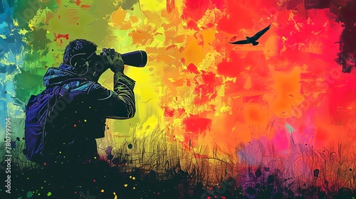 Japanese rainbow art design of a hunter watching his distant target through binoculars photo