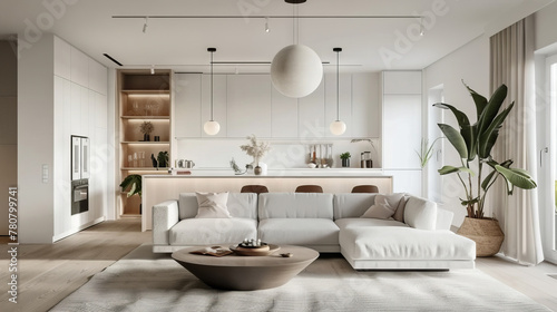 Luxurious Scandinavian Living Room with White Built-In Cabinetry, Plush Sectional, Modern Pendant Lights, and Minimalist Decor  © Supawit