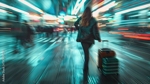 Motion-blurred scene of a couple running after a bus, capturing the frantic rush and urgency of urban commuting. Perfect for transportation services and city dwellers.