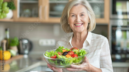 Aged woman smiling happily and holding a healthy vegetable salad bowl on blurred kitchen background. with copy space.