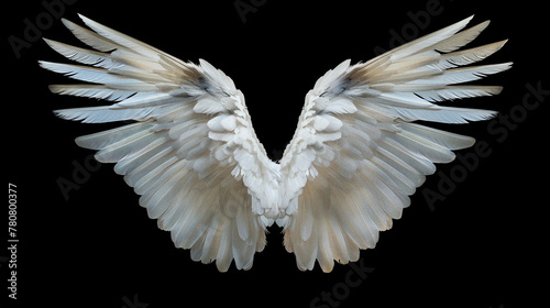 Angel wings isolated on the black background. fantasy feather wings for fashion design. cosplay and dress up party. photo