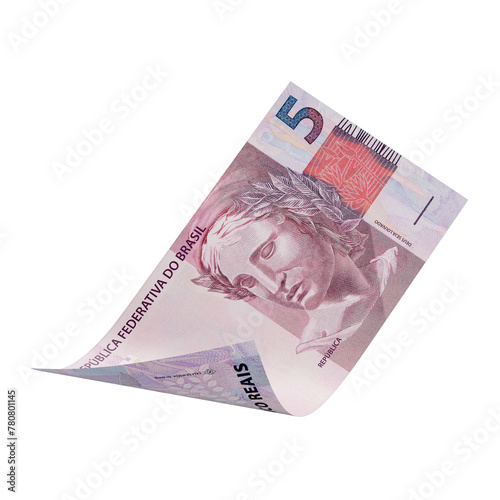 Flying 3D Brazilian 5 Reais Banknote with Transparent Background photo