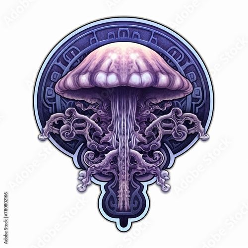 A purple jellyfish with a long stem is the main focus of this image. The jellyfish is surrounded by a circle, which could represent a shell or a protective casing. Mushroom sticker