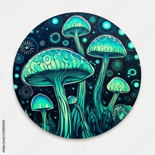 A painting of mushrooms on a dark background. The mushrooms are green and are arranged in a circle. The painting has a dreamy, mystical feel to it. Mushroom sticker