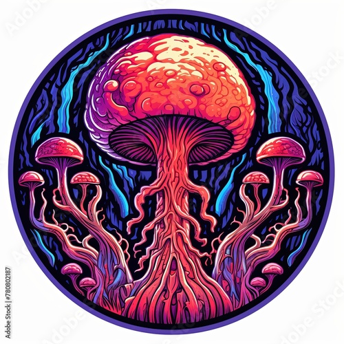 A colorful painting of a mushroom with many other mushrooms surrounding it. The painting has a psychedelic and surreal feel to it. Mushroom sticker