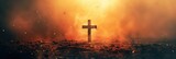 Silhouetted Cross Rising from the Fiery Sunset Skyline - A Powerful Symbol of Faith and Hope
