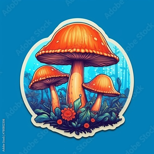 Three orange mushrooms are surrounded by green grass and flowers. The mushrooms are placed in a circle, with one in the center and the other two on the left and right sides. Mushroom sticker