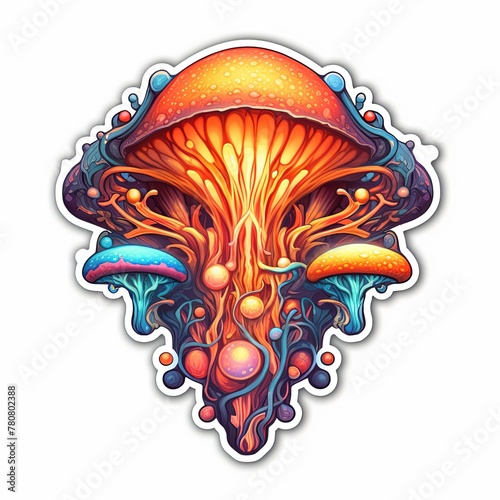 A colorful mushroom with a tree growing out of it. The mushroom is surrounded by many other mushrooms and trees. Mushroom sticker
