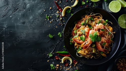 Vibrant Pad Thai Noodles with Fresh Shrimp and Aromatic Vegetables on Dark Background