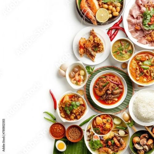 Vibrant Thai Food Dishes Artfully Presented on White Background with Ample Copy Space