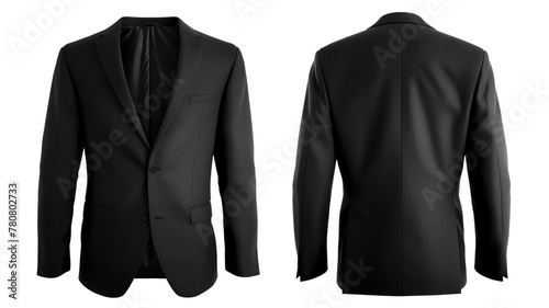 A black suit jacket, virgin wool, front and back view, mockup, transparent or isolated on white background © Teppi