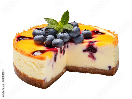 Blueberry Peach Cheesecake isolated on transparent png background. Generative ai