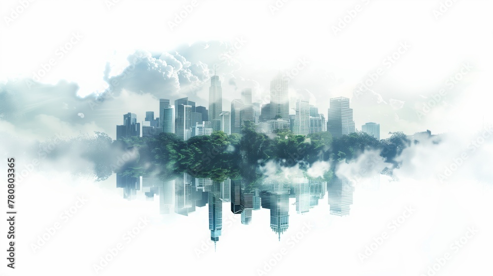 ethereal cityscape blended with nature creating a serene sky reflection, surreal urban skyline meets tranquil clouds in dreamlike artwork