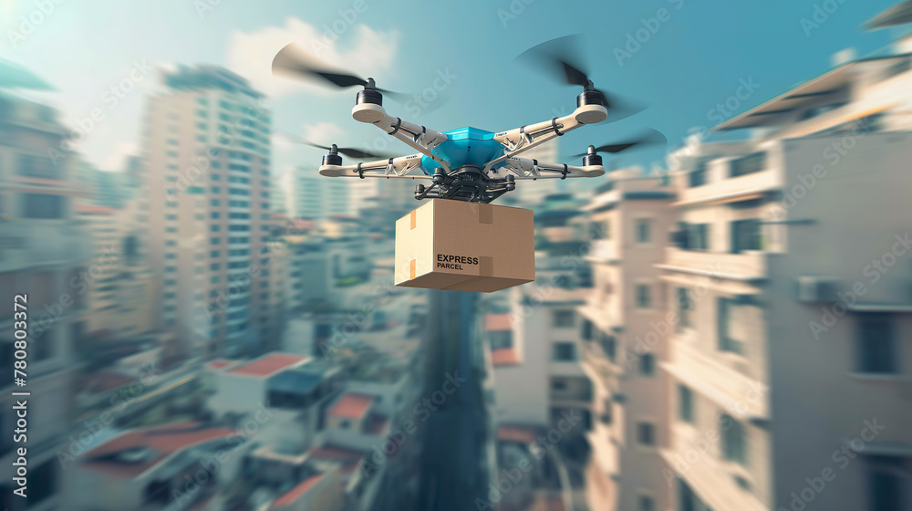 Drone express parcel. Delivery flying drone package cardboard box on sky. Drone express parcel. Delivery flying drone package cardboard box on sky.