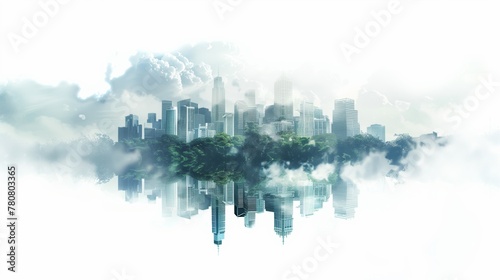 ethereal cityscape blended with nature creating a serene sky reflection, surreal urban skyline meets tranquil clouds in dreamlike artwork