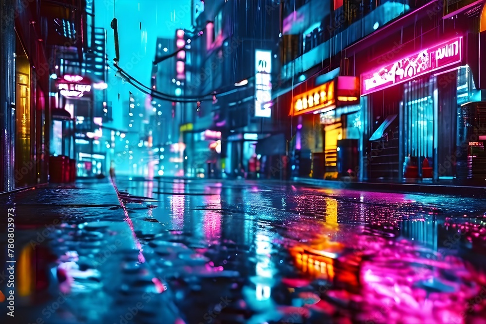 Fototapeta premium neon lit cyberpunk street scene