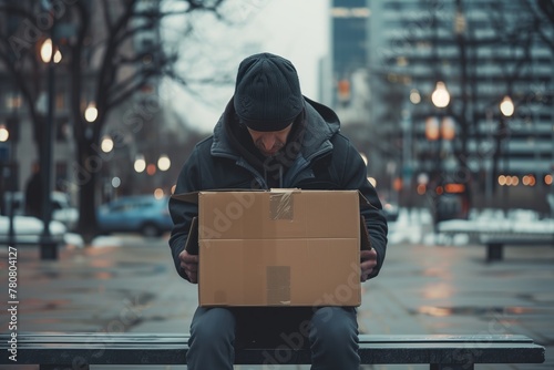 Person holding a cardboard box on bench