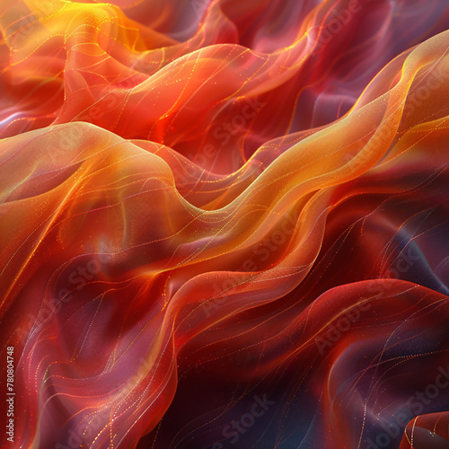 Digital art composition on an abstract background with swirling waves of red and yellow, reminiscent of flowing fabric.