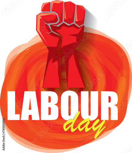 1 may Happy labour day vector label with strong protest fist in the air on vintage red watercolor stricket background. vector happy labor day background or banner with man hand. workers may day poster