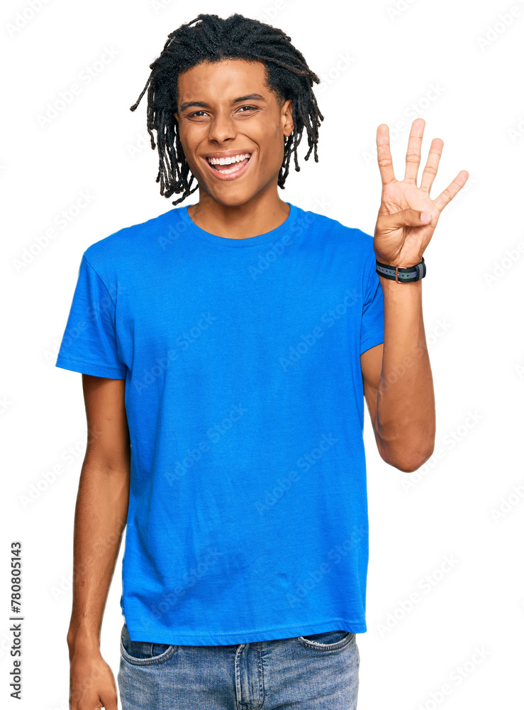 Young african american man wearing casual clothes showing and pointing up with fingers number four while smiling confident and happy. Young african american man wearing casual clothes showing and pointing up with fingers number four while smiling confident and happy.