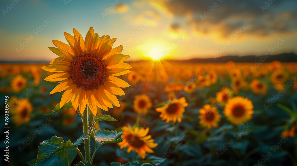 Radiant beauty: sunflower field under a blue sky
