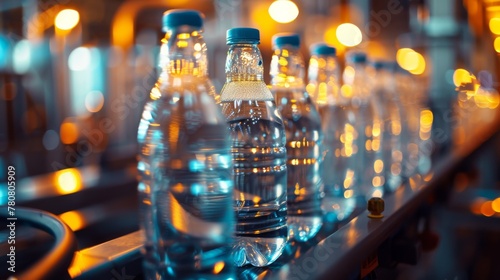 cristal water bottles on a conveyor belt in a food production line at a factory 
